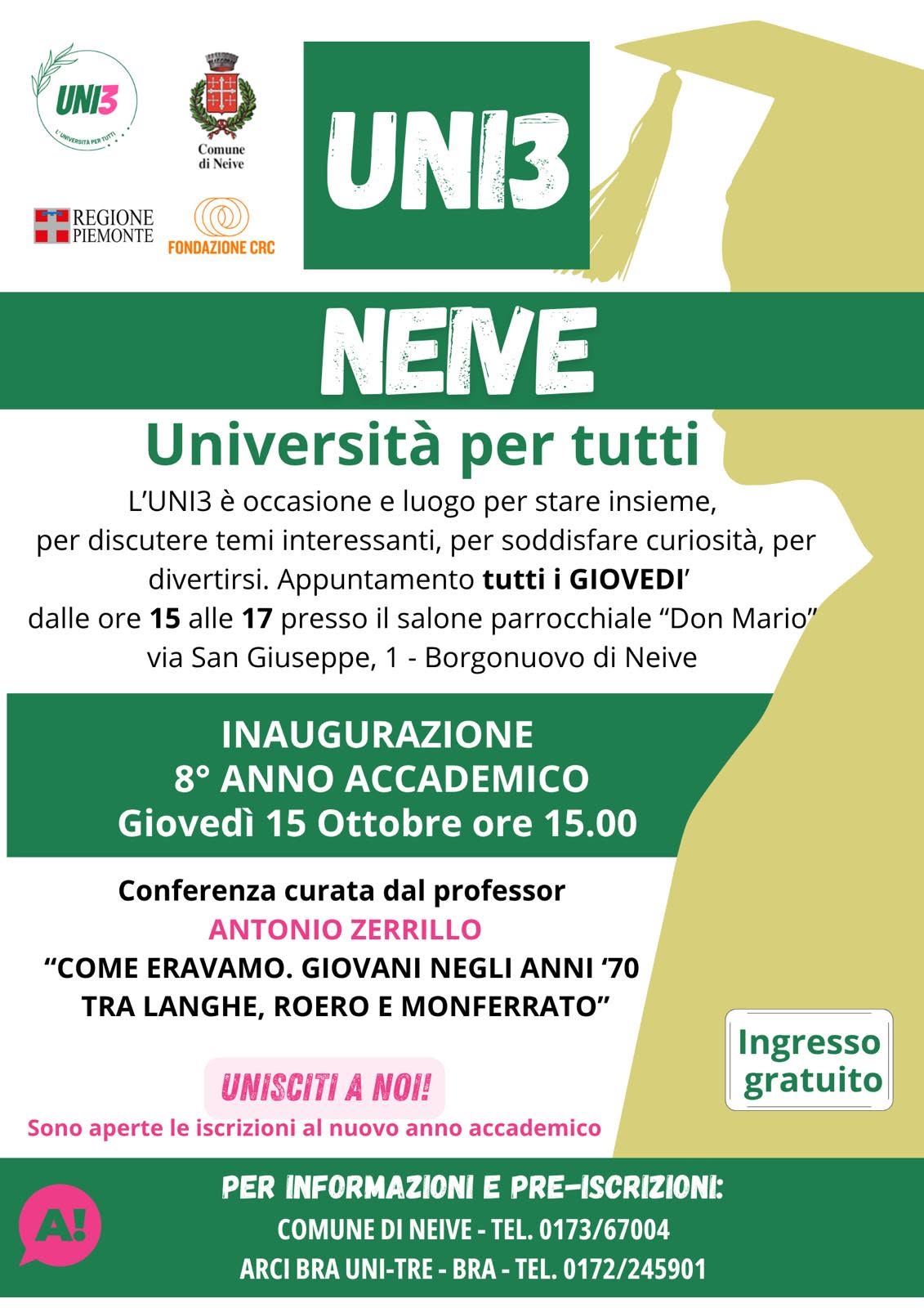 Locandina di UNI3 NEIVE - Inaugurazione 8° Anno Accademico