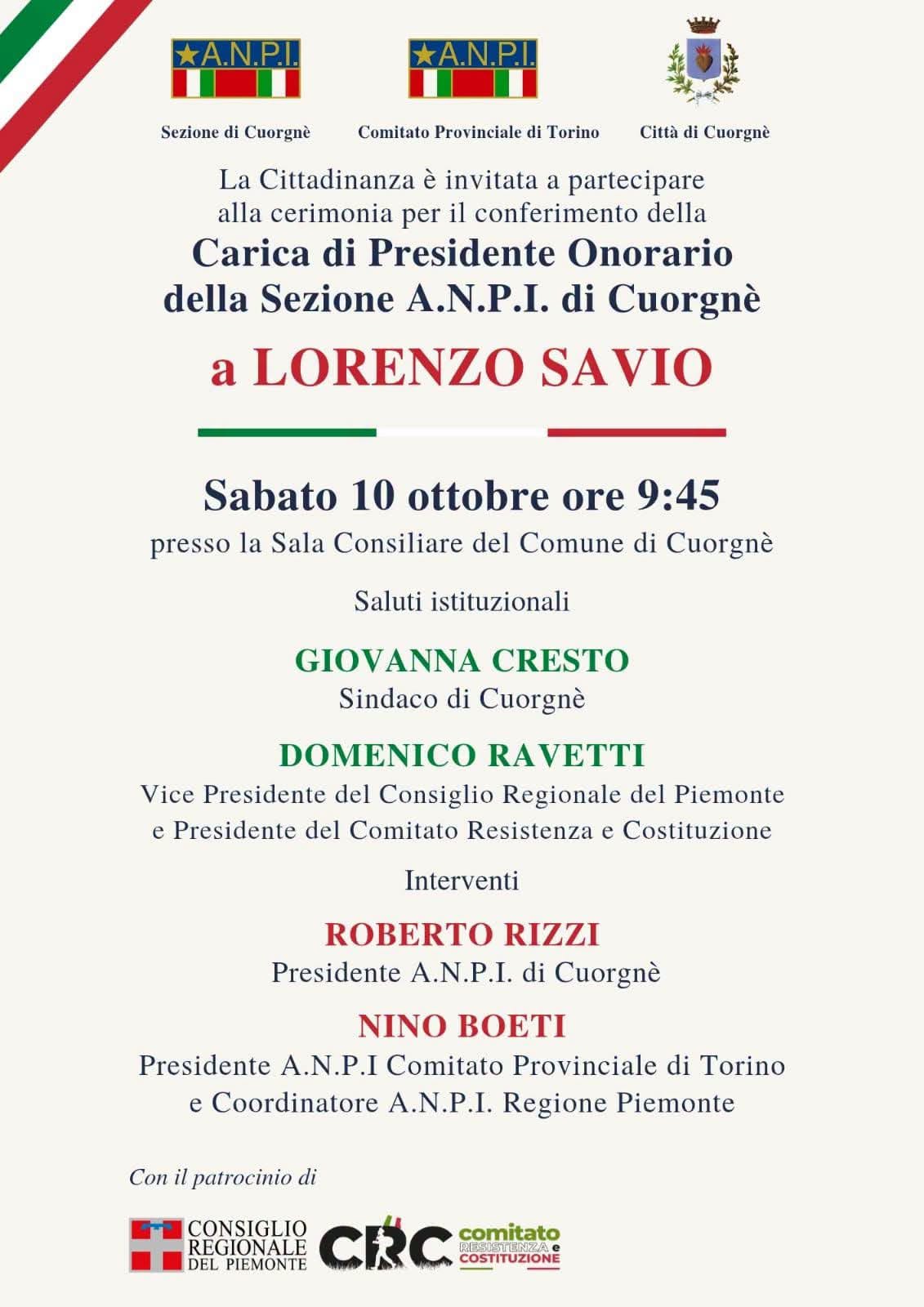 Plakat von Cerimonia per il conferimento della Carica di Presidente Onorario della Sezione A.N.P.I. di Cuorgnè a Lorenzo Savio