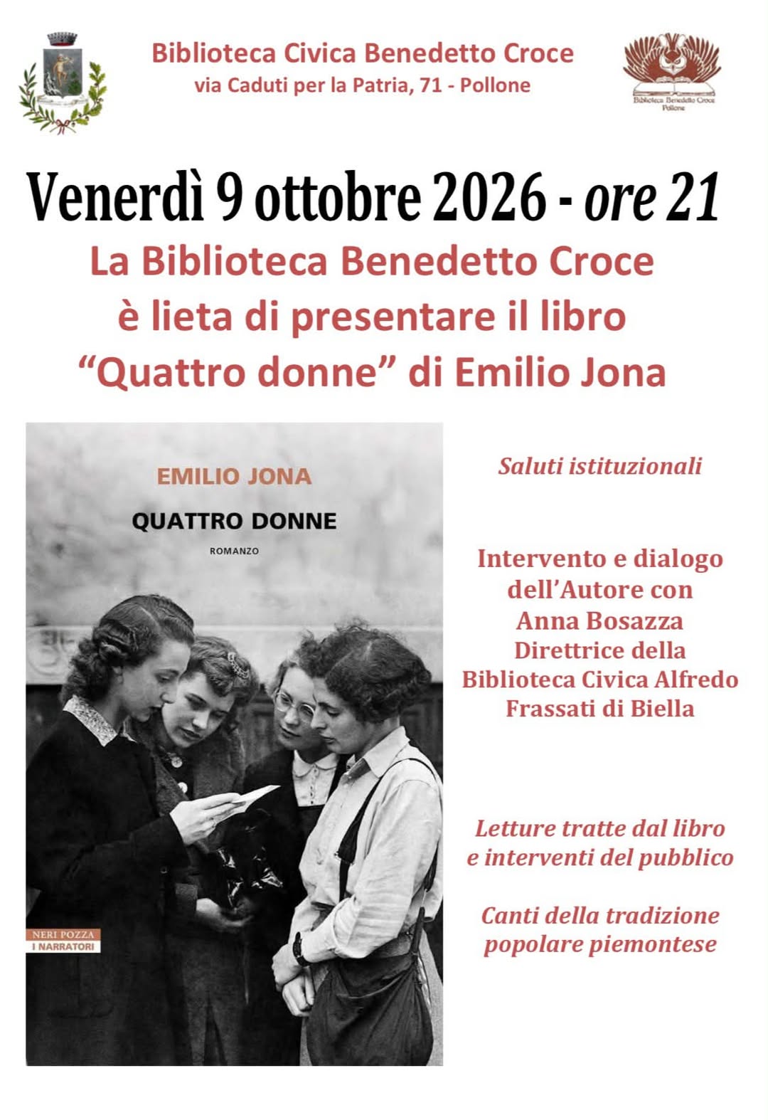 Plakat von Presentazione del libro "Quattro donne" di Emilio Jona