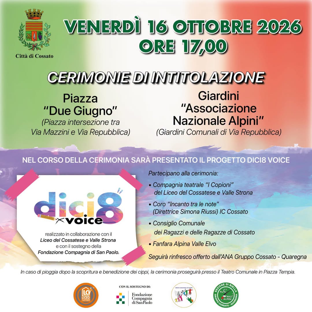Locandina di Cerimonia di inaugurazione della nuova piazza 2 Giugno e del monumento degli Alpini